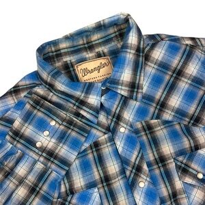 Wrangler Shirt‎ Mens 2XL XXL Long Sleeve Western Cowboy Pearl Snap Blue Plaid